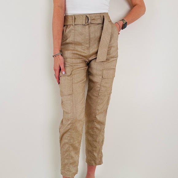 White House black market Linen Belted Utility Pants neutral Cargo - Picture 2 of 9